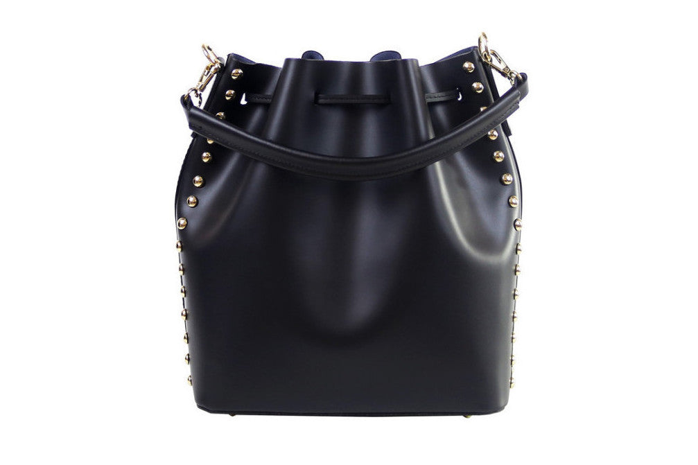 Emelia black stud leather bucket bag - ELEARIA
