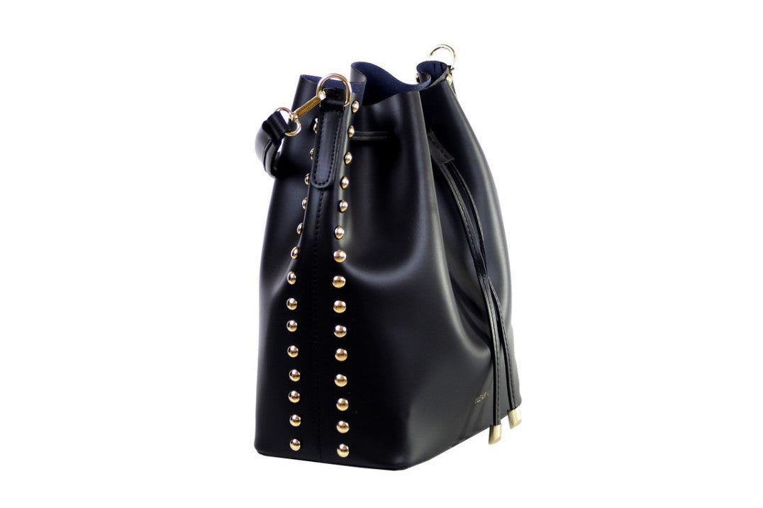 Emelia black stud leather bucket bag - ELEARIA